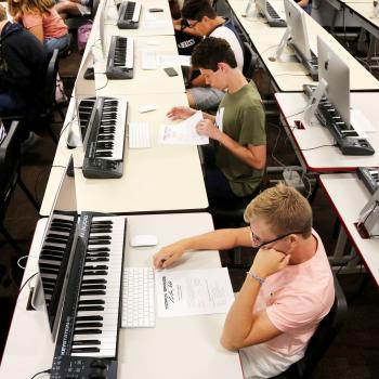 Students review the syllabus in Percussion music class on the first day of school in Tarpon Springs HS in Florida. Picture taken on August 14, 2019. 