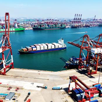 A cargo ship loaded with foreign trade containers enters Qingdao Port in  Shandong Province, China. Photo taken on May 29, 2026. 