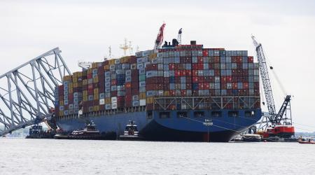 The wreck of Francis Scott Key Bridge and the Dali container ship, outside Baltimore, MD, on April 25, 2024. 