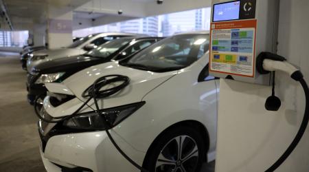 General view of electric vehicle (EV) charging stations. Picture taken on April 18, 2023.