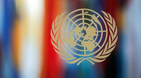 The emblem of the United Nations is seen at its headquarters in New York City, New York. Picture taken June 18, 2021. 