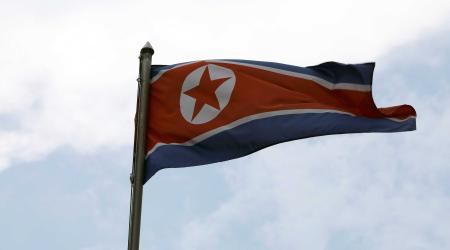 A North Korean flag flutters in the wind. March 19, 2021. 