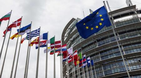 The flags of the EU and member states fly in front of the European Parliament building, Strasbourg, France. May 29, 2024. 