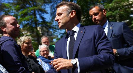 French President Emmanuel Macron greets people in Le Touquet-Paris-Plage, France. June 9, 2024. 