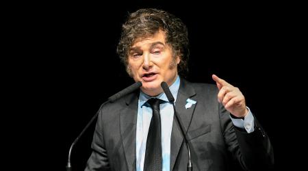 Argentine President Javier Milei speaks at an event in Buenos Aires, Argentina. 
