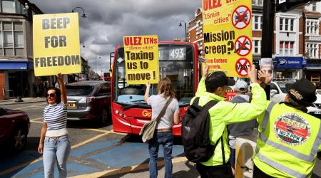 People protest against the expansion of London's Ultra Low Emissions Zone in London, Britain, August 26, 2023. 
