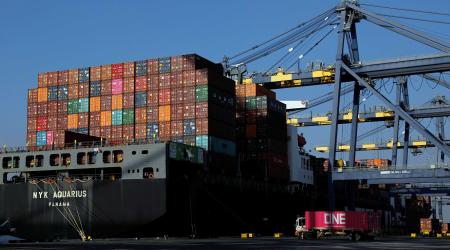 Shipping containers are stacked on a ship docked at the Port of Los Angeles in Los Angeles, California, US. Picture taken on January 30, 2019. 