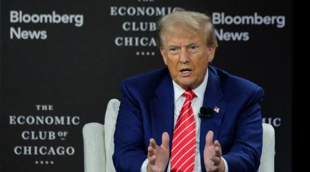 Republican presidential nominee and former US President Donald Trump speaks at the Economic Club of Chicago