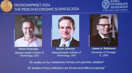 Announcement of the Swedish Riksbank's prize in economic science in memory of Alfred Nobel 2024, which goes to Daron Acemoglu, Simon Johnson and James A. Robinson, during a press meeting at the Royal Swedish Academy of Sciences in Stockholm, Sweden, October 14, 2024. 