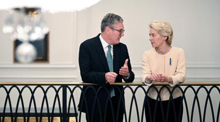 President of the European Commission Ursula von der Leyen speaks with British Prime Minister Keir Starmer during the 79th United Nations General Assembly at the United Nations on September 25, 2024 in New York, New York. 