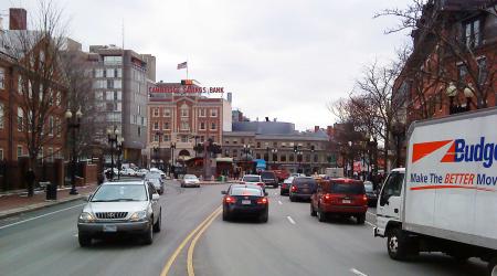 A picture of Harvard Square during rush hour, in Cambridge, Massachusetts. 