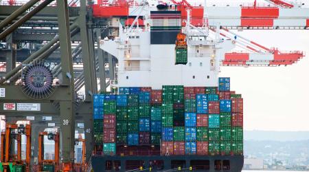 A ship unloads cargo in Port Elizabeth in the New York and New Jersey harbor. 