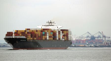 Containers are stacked on the deck of cargo ship in New York City. October 13, 2021. 