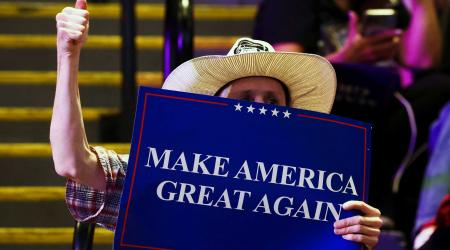 A supporter of Donald Trump attends a rally, in Uniondale, New York. Picture taken on September 18, 2024. 
