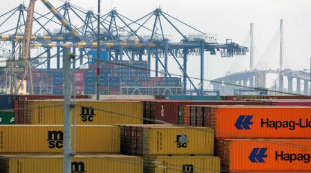 Shipping containers are shown at the terminal at the Port of Los Angeles in Wilmington, California. October 17, 2024. 