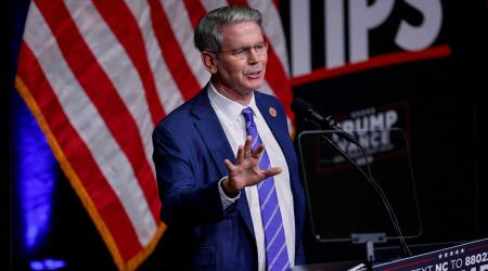 Scott Bessent speaks at a campaign event for Republican presidential nominee and former US President Donald Trump in Asheville, North Carolina. August 14, 2024. 