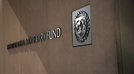 A general view of the International Monetary Fund (IMF) logo on its building, in Washington, DC. 