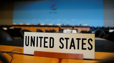 The name place sign of United States is pictured on the country's desk at the World Trade Organization (WTO) in Geneva, Switzerland. 
