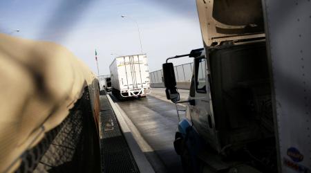 Trucks wait for border customs control before crossing into the US from the Cordova-Americas border in Ciudad Juarez, Mexico. 