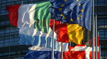 The EU member states' flags fly in Strasbourg. 