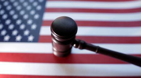 US flag and Judge gavel are seen in this illustration taken, August 6, 2024. 