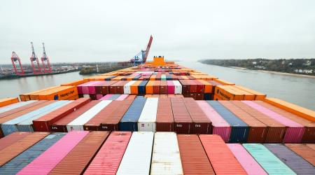 View from the bridge over the cargo deck of the Hapag-Lloyd container ship in the Port of Hamburg. 