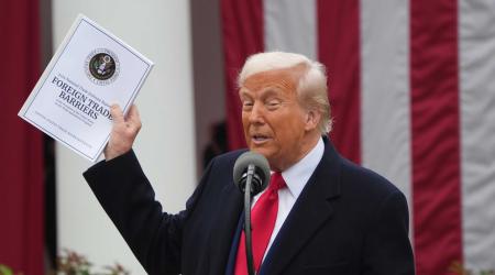 US President Donald Trump announces reciprocal tariffs against US trading partners in the Rose Garden of the White House in Washington, DC, USA, 02 April 2025. 