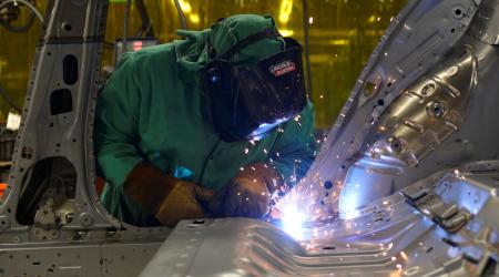 Line workers weld parts at a manufacturing plant in Smyrna, Tennessee. 