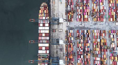 A drone view shows a ship docking at a port. Picture taken on April 3, 2025. 