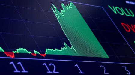 A screen displays a trading chart on the New York Stock Exchange (NYSE) in New York City after the White House announced a 90-day pause & lowered 10% reciprocal tariff for other countries, U.S., April 9, 2025. 