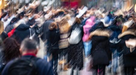 People walk along a Frankfurt's central shopping mile, Frankfurt, Germany.