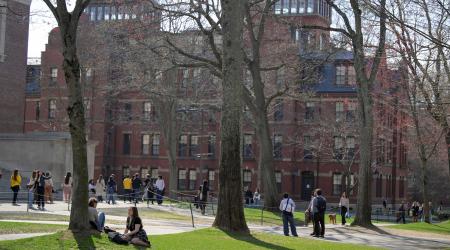 Students gather on the campus of Harvard University in Cambridge, Massachusetts. Picture taken on April 15, 2025. 
