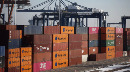 Stacks of shipping containers are pictured at a port. Picture taken on February 22, 2025. 