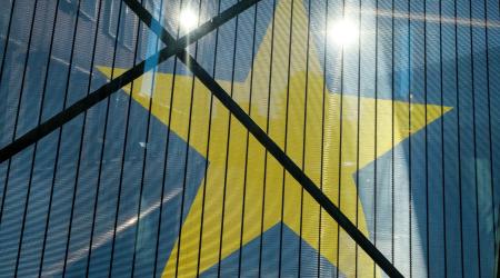 The EU flag is shown on the building of the European Parliament in this photo illustration. Brussels, Belgium. Picture taken on January 15, 2025. 