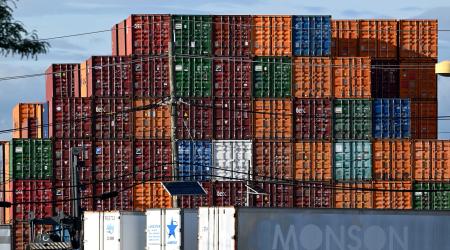 Stacked shipping containers are pictured at a shipping port in New Jersey, as Trump threatens a 50% tariff on imported goods from the EU. Picture taken May 24, 2025. 