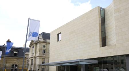 Outside view of the Organization for Economic Co-operation and Development headquarters in Paris, France. 