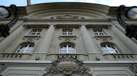 A view of the facade of the Swiss National Bank in Bern, Switzerland. 
