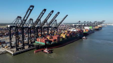 RC2WSDAHPSZJ: An aerial view of Bayport Terminal in Seabrook, Texas reveals a vast, bustling trade hub with cranes, tug boats, and cargo ships linking the US to global markets. April 7, 2025. 