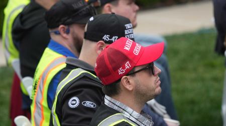 Supporters of President Trump listen as he announces the reciprocal tariffs against US trading partners in the Rose Garden of the White House in Washington, DC. Picture taken on April 2, 2025. 