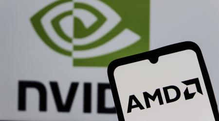 The AMD and Nvidia logos are seen displayed on a phone screen in this photo illustration. 