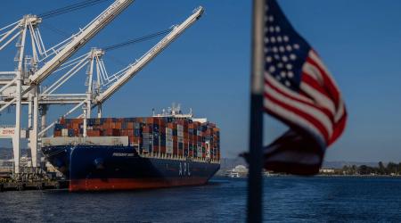 A cargo ship full of shipping containers is seen at the port of Oakland, California, US, on August 4, 2025. 