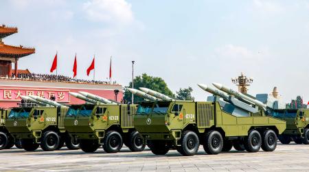 HQ-16C air defense missiles of Ground-based air-defense and anti-ballistic missile system formation pass through Tian'anmen Square during the V-Day military parade on September 3, 2025 in Beijing, China. 