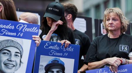 eople react during the Fourth Annual National Fentanyl Prevention and Awareness Day event in Times Square, New York City on August 21, 2025