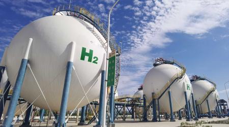 Hydrogen storage tanks are pictured at the mega green hydrogen plant in Kuqa, China. Picture taken on August 26, 2023. 