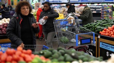 Customers shop for groceries ahead of the Thanksgiving holiday at a supermarket in North Bergen, New Jersey. Photo taken on November 21, 2025.