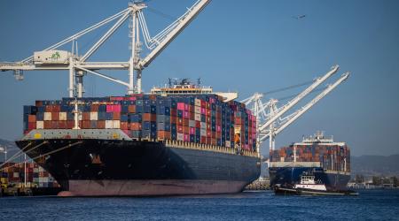 A cargo ship full of shipping containers is seen at the port of Oakland, California, U.S., August 4, 2025.