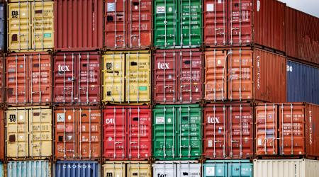 Shipping containers are seen stacked in the container yard at the Port of Baltimore, Maryland. Picture taken on April 12, 2025. 