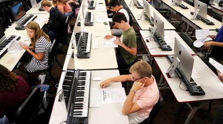 Students review the syllabus in Percussion music class on the first day of school in Tarpon Springs HS in Florida. Picture taken on August 14, 2019. 