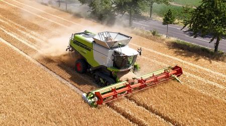 A farmer drives his combine harvester in his field in Magdeburg, Germany. Picture taken on July 4, 2025.