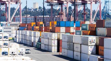 Shipping containers stand stacked in the Port of Seattle in Seattle, Washington. Photo taken on August 11, 2025.